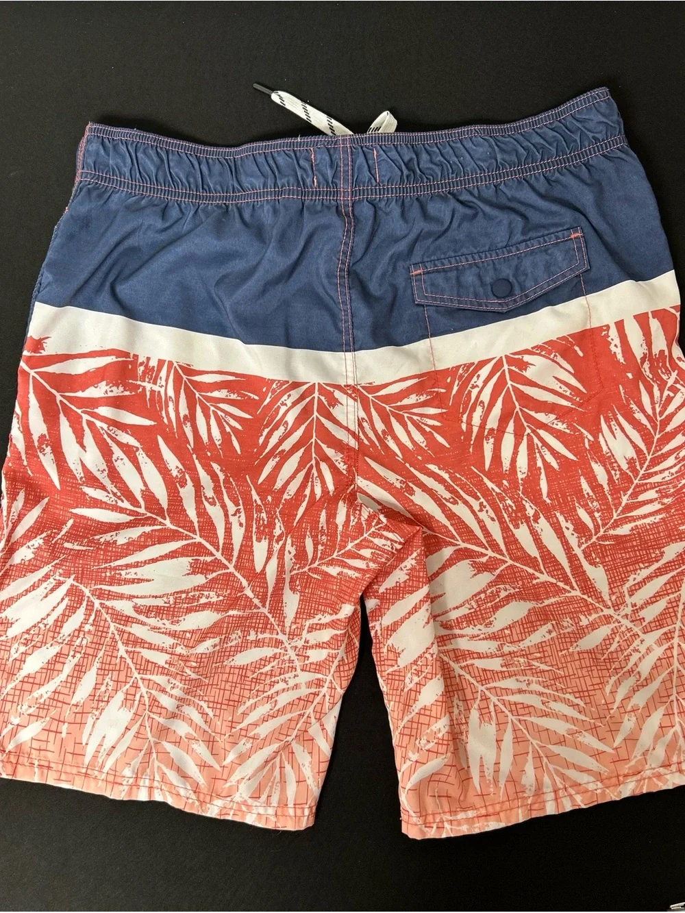 OP Men's Ocean Pacific Blue and Coral Leaf-Print Swim Trunks